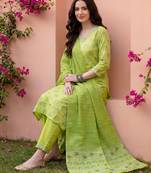 Green printed pure cotton kurta trouser dupatta set
