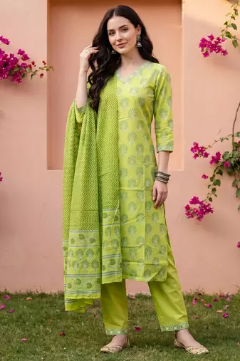 Green printed pure cotton kurta trouser dupatta set
