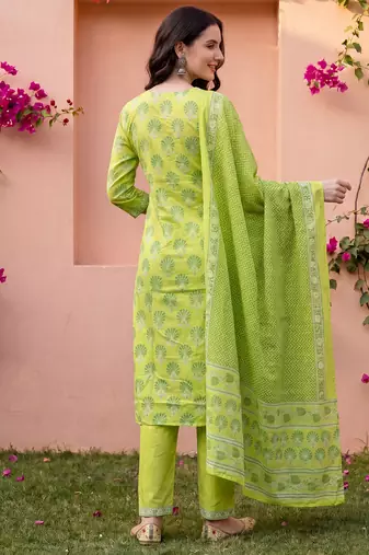 Green printed pure cotton kurta trouser dupatta set