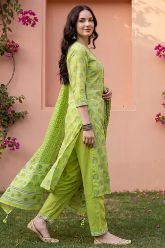 Green printed pure cotton kurta trouser dupatta set