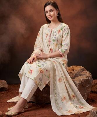Cream printed pure cotton kurta trouser dupatta set 1