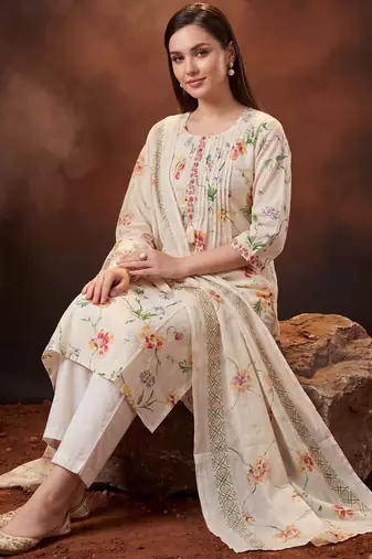 Cream printed pure cotton kurta trouser dupatta set