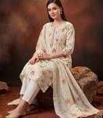Cream printed pure cotton kurta trouser dupatta set