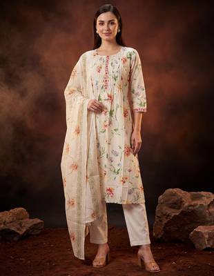 Cream printed pure cotton kurta trouser dupatta set 2