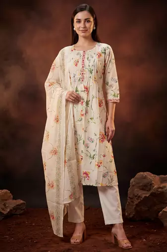 Cream printed pure cotton kurta trouser dupatta set
