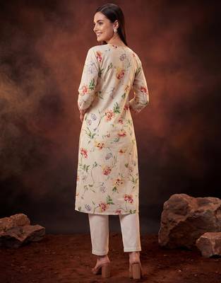 Cream printed pure cotton kurta trouser dupatta set 3