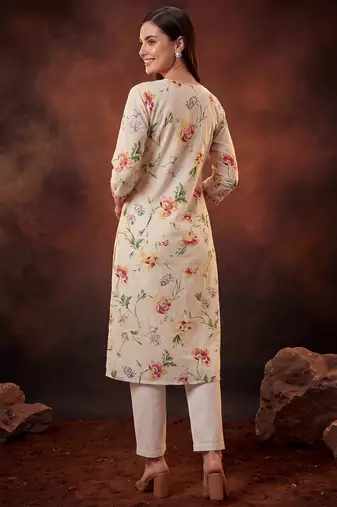 Cream printed pure cotton kurta trouser dupatta set