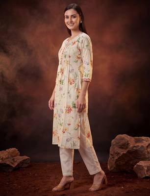 Cream printed pure cotton kurta trouser dupatta set 4