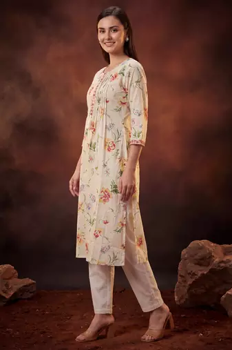 Cream printed pure cotton kurta trouser dupatta set