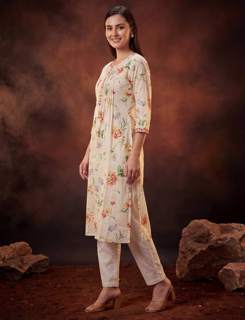 Cream printed pure cotton kurta trouser dupatta set