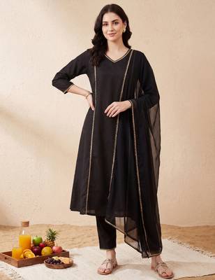 Black embroidered pure cotton kurta trouser dupatta set 1