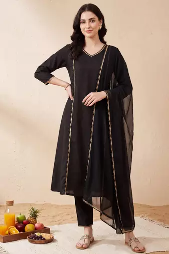 Black embroidered pure cotton kurta trouser dupatta set