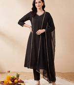 Black embroidered pure cotton kurta trouser dupatta set