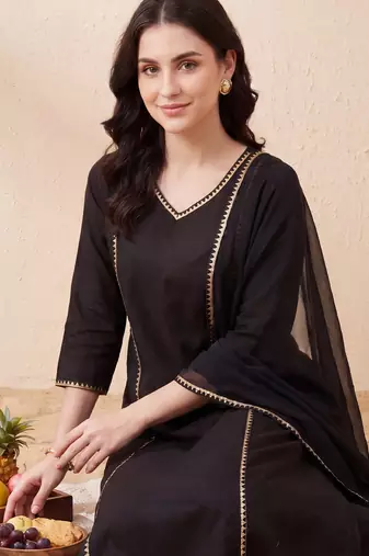 Black embroidered pure cotton kurta trouser dupatta set