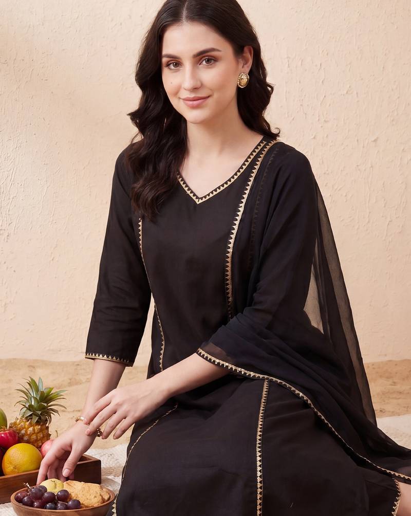 Black embroidered pure cotton kurta trouser dupatta set