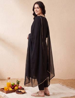 Black embroidered pure cotton kurta trouser dupatta set 3