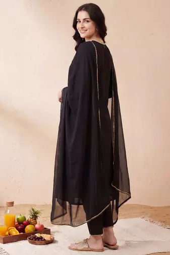 Black embroidered pure cotton kurta trouser dupatta set