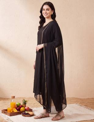 Black embroidered pure cotton kurta trouser dupatta set 4