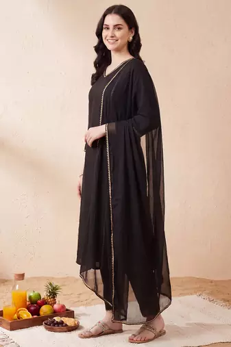 Black embroidered pure cotton kurta trouser dupatta set