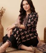 Black printed pure cotton kurta trouser dupatta set