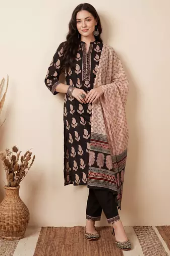 Black printed pure cotton kurta trouser dupatta set