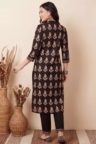 Black printed pure cotton kurta trouser dupatta set