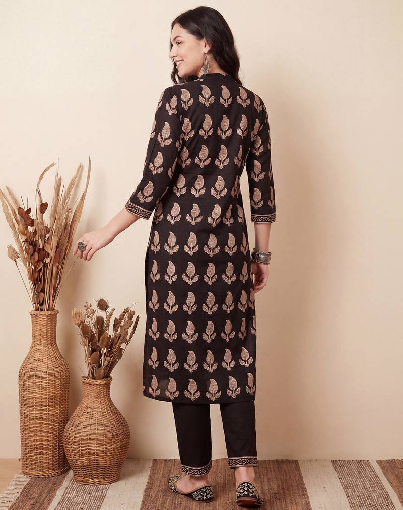 Black printed pure cotton kurta trouser dupatta set