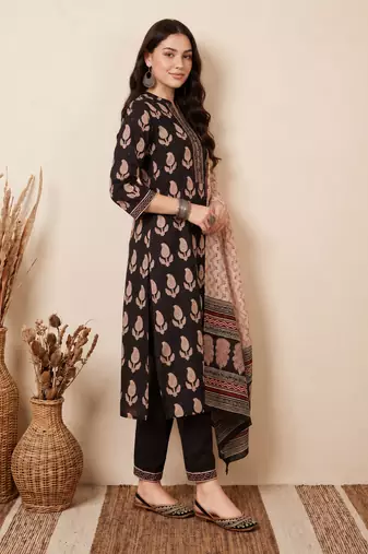 Black printed pure cotton kurta trouser dupatta set