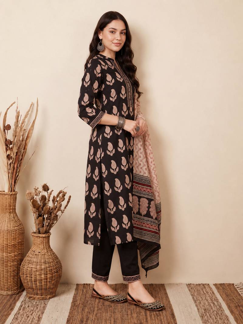 Black printed pure cotton kurta trouser dupatta set