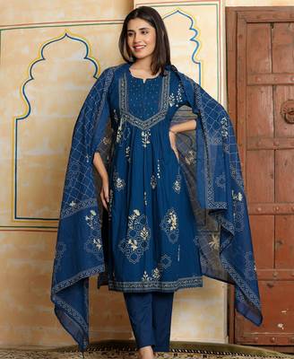 Blue printed pure cotton kurta trouser dupatta set 1