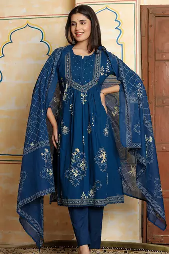 Blue printed pure cotton kurta trouser dupatta set