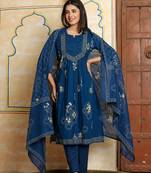 Blue printed pure cotton kurta trouser dupatta set