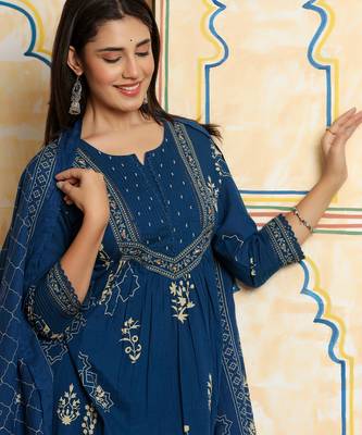 Blue printed pure cotton kurta trouser dupatta set 2