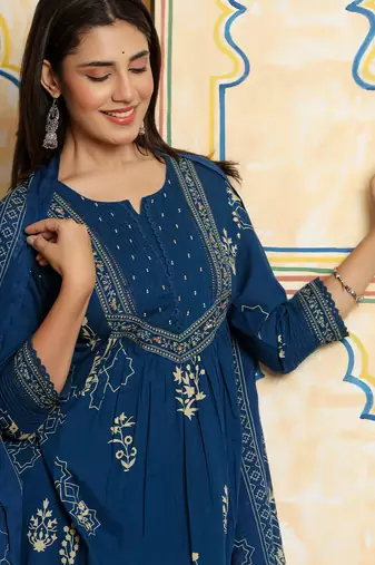 Blue printed pure cotton kurta trouser dupatta set