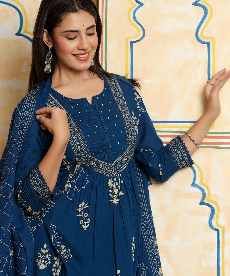 Blue printed pure cotton kurta trouser dupatta set