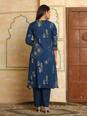 Blue printed pure cotton kurta trouser dupatta set 3