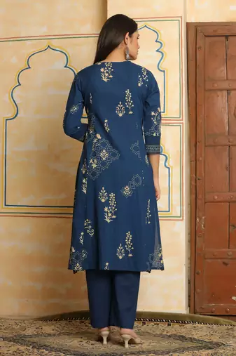 Blue printed pure cotton kurta trouser dupatta set