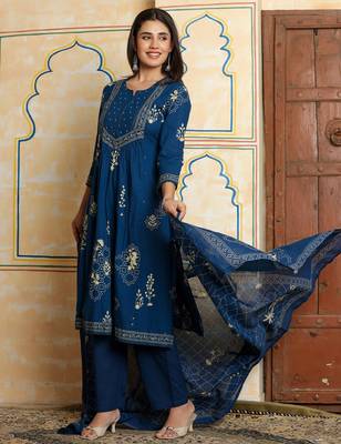 Blue printed pure cotton kurta trouser dupatta set 4