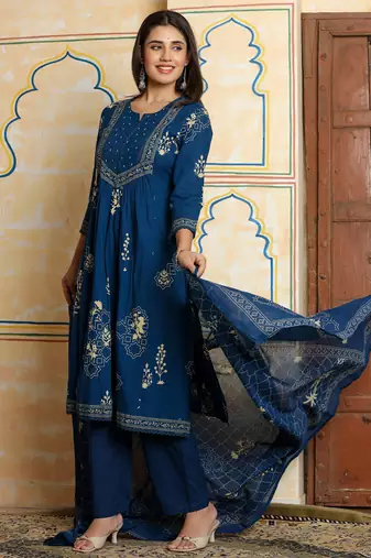 Blue printed pure cotton kurta trouser dupatta set