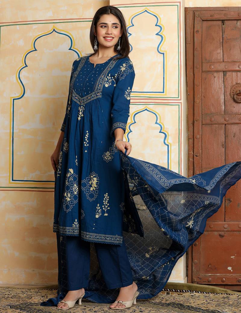 Blue printed pure cotton kurta trouser dupatta set