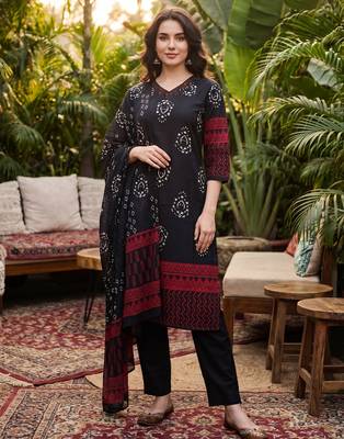 Black printed pure cotton kurta trouser dupatta set 1