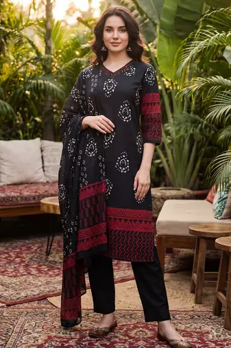 Black printed pure cotton kurta trouser dupatta set