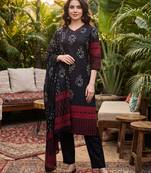 Black printed pure cotton kurta trouser dupatta set