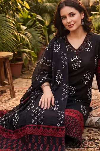 Black printed pure cotton kurta trouser dupatta set