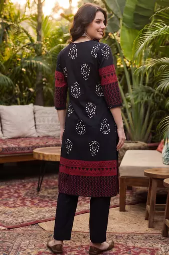 Black printed pure cotton kurta trouser dupatta set