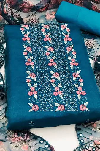 ethnic motifs embroidered sequinned detail unstitched dress material