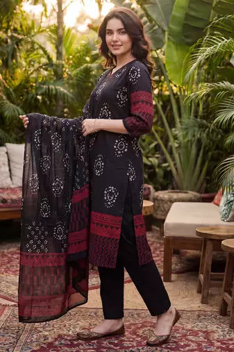 Black printed pure cotton kurta trouser dupatta set