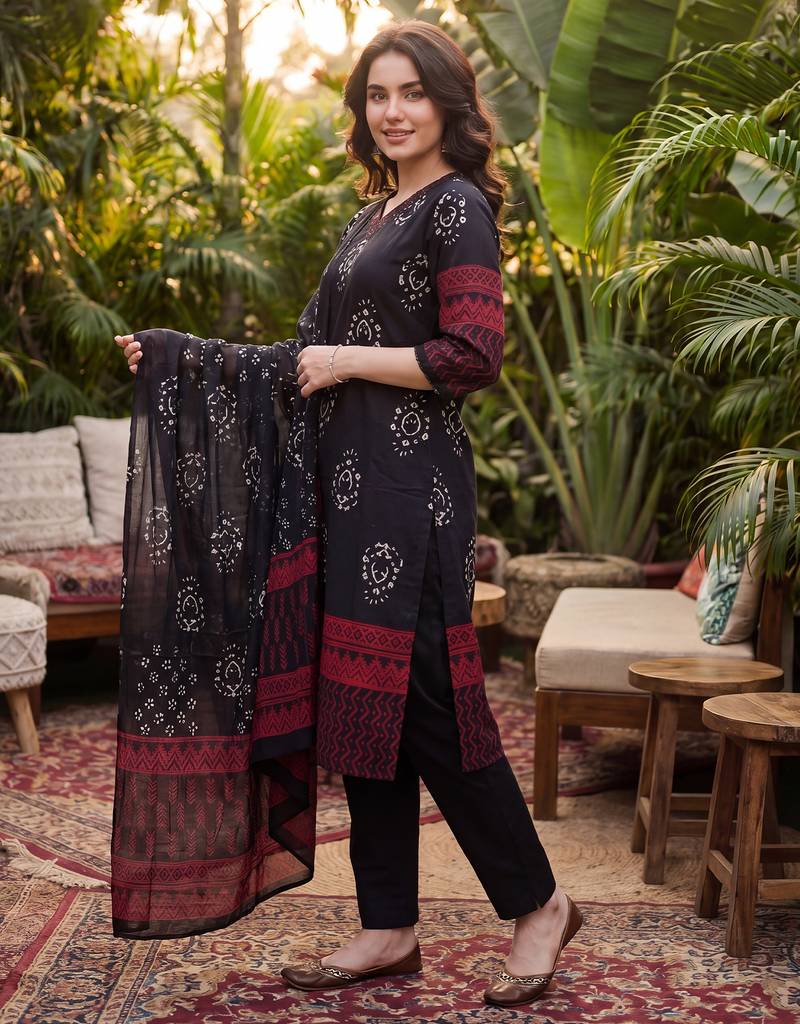Black printed pure cotton kurta trouser dupatta set