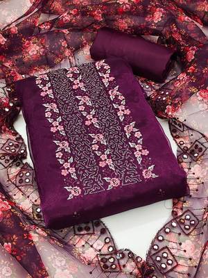 ethnic motifs embroidered sequined organza unstitched dress material 1
