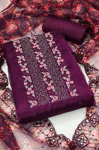 ethnic motifs embroidered sequined organza unstitched dress material